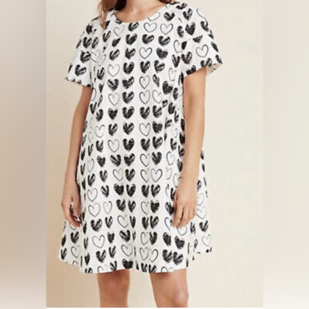 Anthropologie Porridge, white with black hearts, attached slip, mini dress 2X